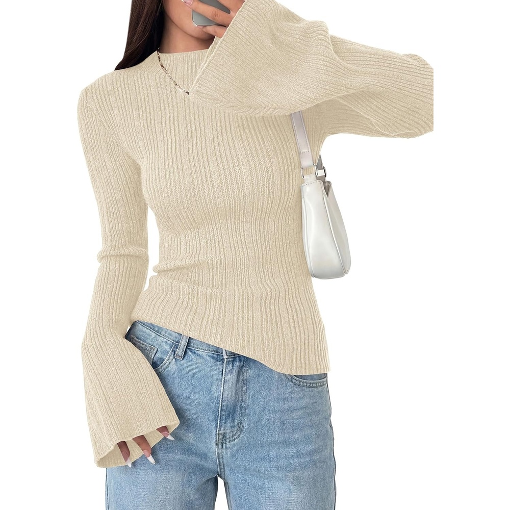 image:imagePRETTYGARDEN Womens Lightweight Mock Neck Sweaters Bell Long Sleeve Tops Slim Fitted Pullover Soft Ribbed Knit Going Out Outfits Fall Winter Layering Fashion ClothingBeige