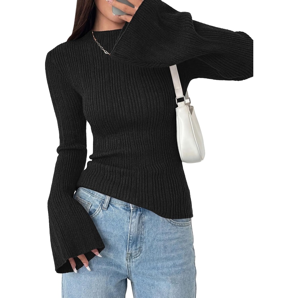image:imagePRETTYGARDEN Womens Lightweight Mock Neck Sweaters  Bell Long Sleeve Tops Slim Fitted Pullover Soft Ribbed Knit Going Out Outfits Fall Winter Layering Fashion ClothingBlack