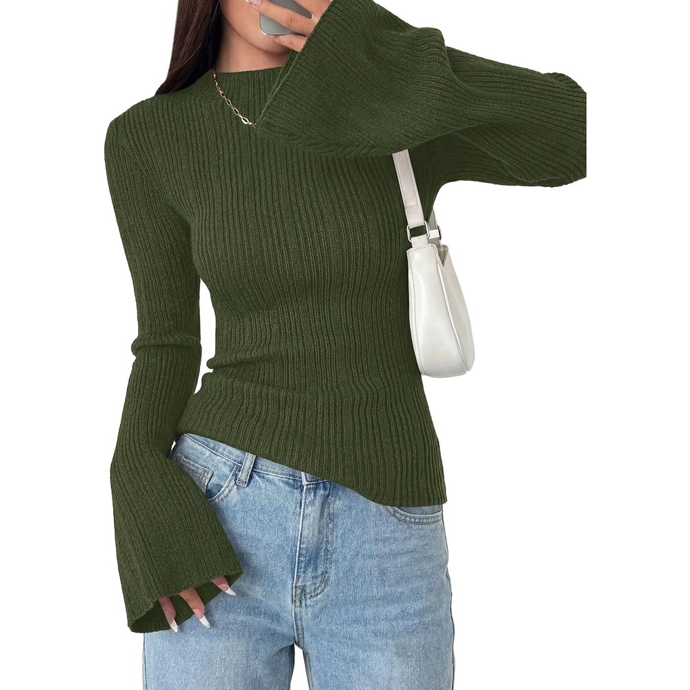 image:imagePRETTYGARDEN Womens Lightweight Mock Neck Sweaters Bell Long Sleeve Tops Slim Fitted Pullover Soft Ribbed Knit Going Out Outfits Fall Winter Layering Fashion ClothingArmy Green
