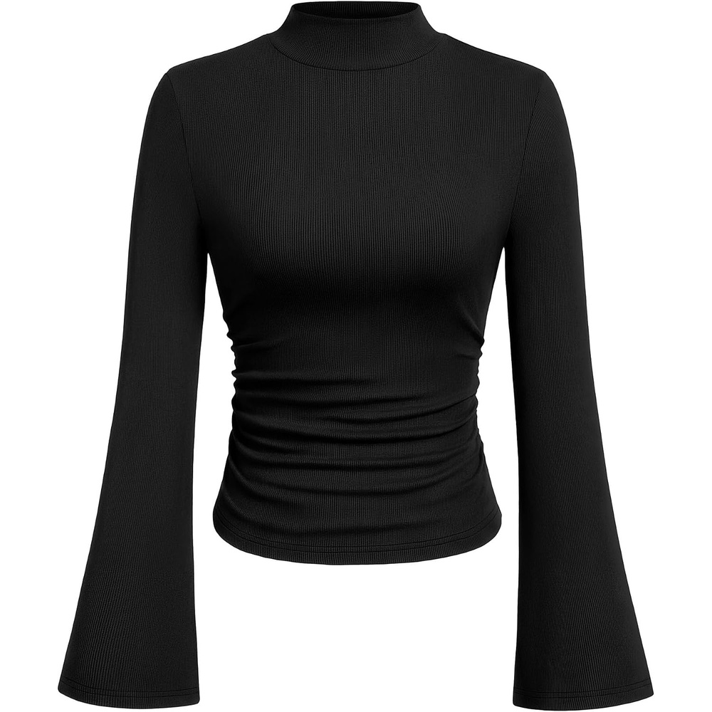 image:imagePRETTYGARDEN Womens Long Bell Sleeve Mock Neck Ribbed Tops Soft Flare Sleeve Ruched Waist Slim Fit Shirts Mock Turtleneck Blouses Dressy Casual Fall Y2K Going Out amp Work ClothesBlack