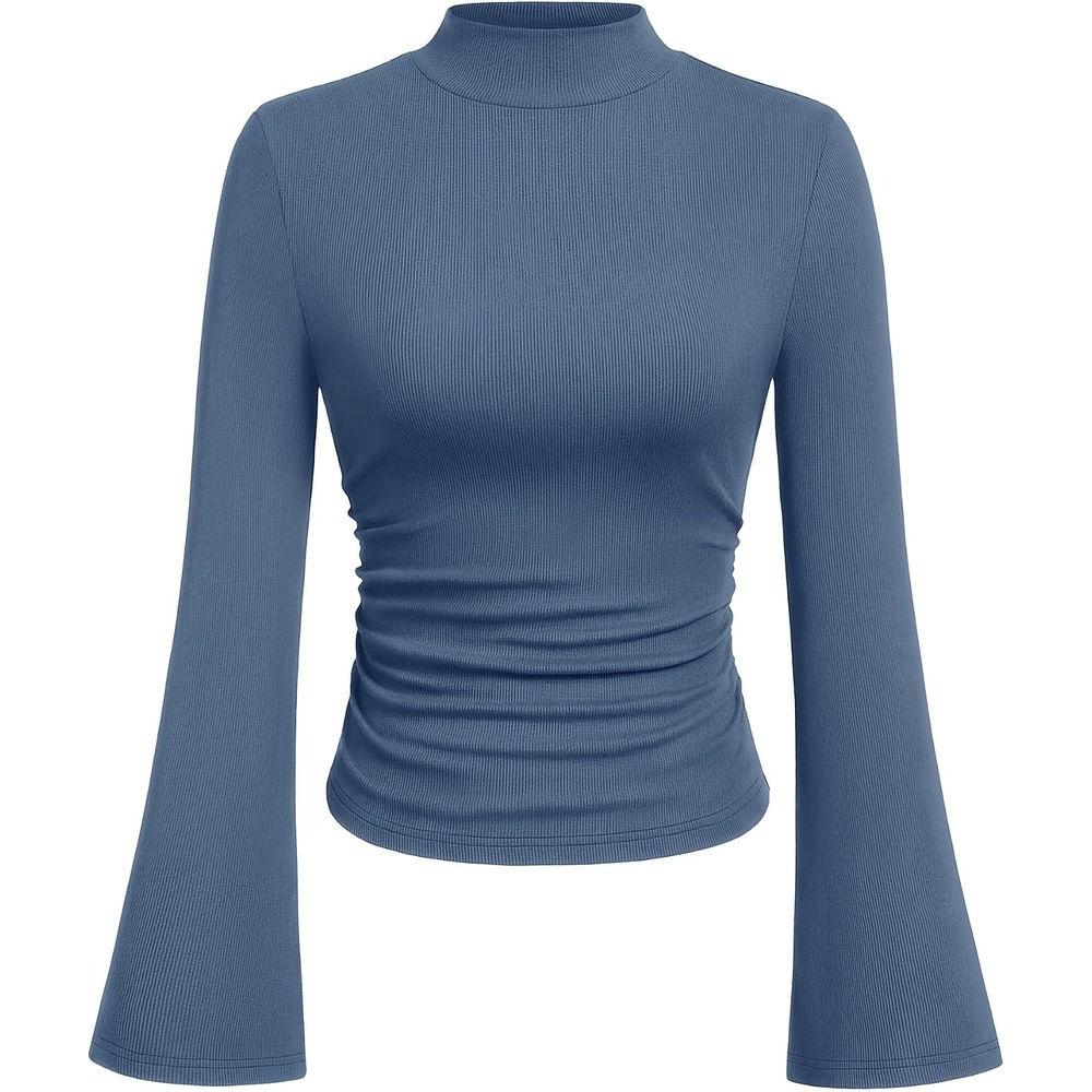 image:imagePRETTYGARDEN Womens Long Bell Sleeve Mock Neck Ribbed Tops Soft Flare Sleeve Ruched Waist Slim Fit Shirts Mock Turtleneck Blouses Dressy Casual Fall Y2K Going Out amp Work ClothesGrey Blue