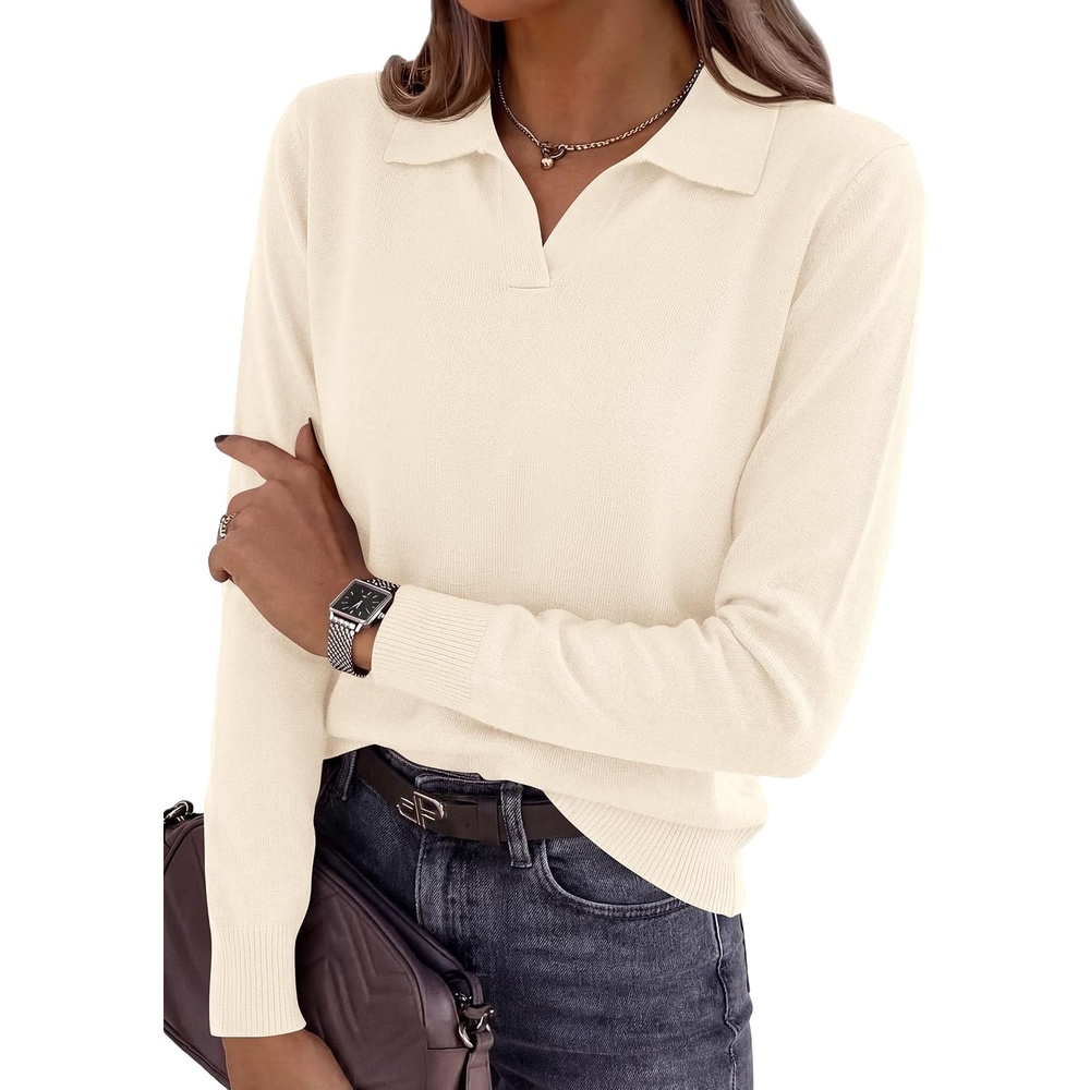 image:imagePRETTYGARDEN Womens Long Sleeve Collared Polo Sweater V Neck Knit Ribbed Business Casual Pullover Sweaters 2026 Fall OutfitsApricot