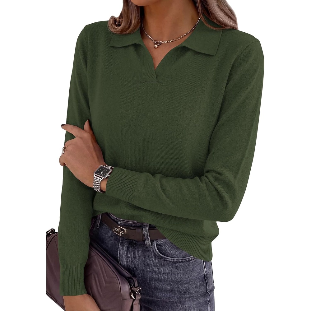 image:imagePRETTYGARDEN Womens Long Sleeve Collared Polo Sweater V Neck Knit Ribbed Business Casual Pullover Sweaters 2026 Fall OutfitsArmy Green