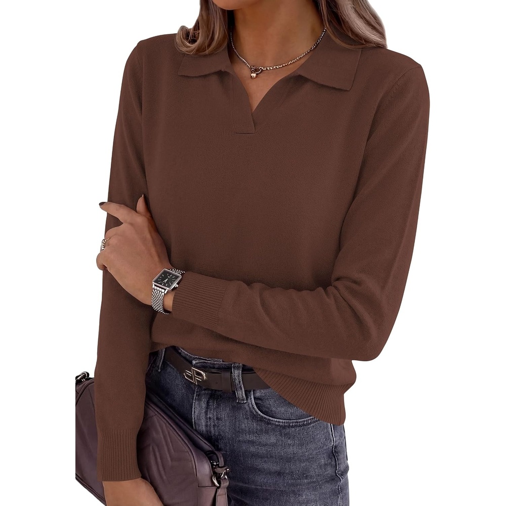 image:imagePRETTYGARDEN Womens Long Sleeve Collared Polo Sweater V Neck Knit Ribbed Business Casual Pullover Sweaters 2026 Fall OutfitsBrown