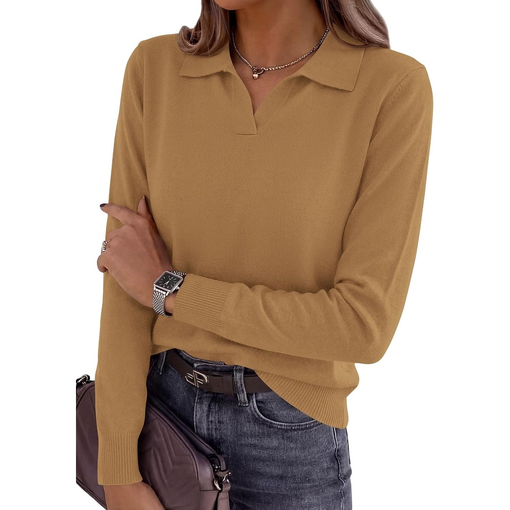 image:imagePRETTYGARDEN Womens Long Sleeve Collared Polo Sweater V Neck Knit Ribbed Business Casual Pullover Sweaters 2026 Fall OutfitsKhaki