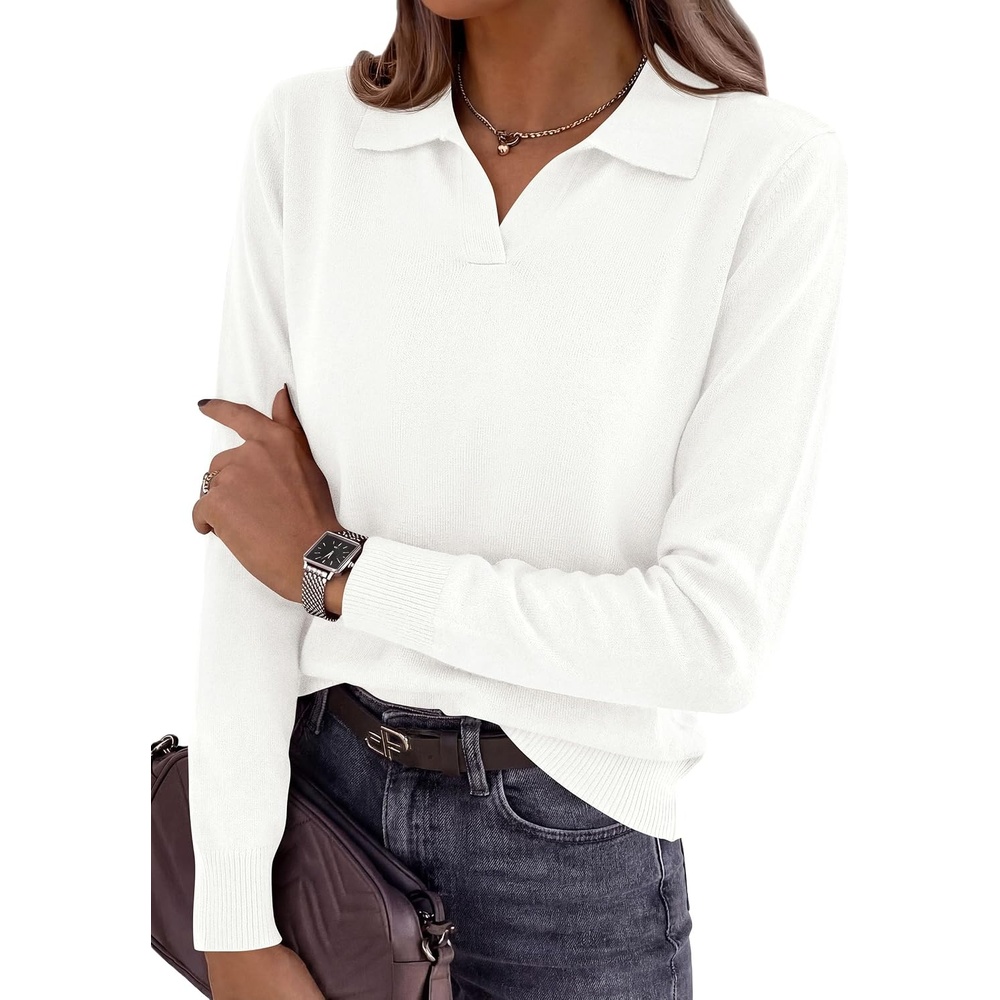 image:imagePRETTYGARDEN Womens Long Sleeve Collared Polo Sweater V Neck Knit Ribbed Business Casual Pullover Sweaters 2026 Fall OutfitsWhite