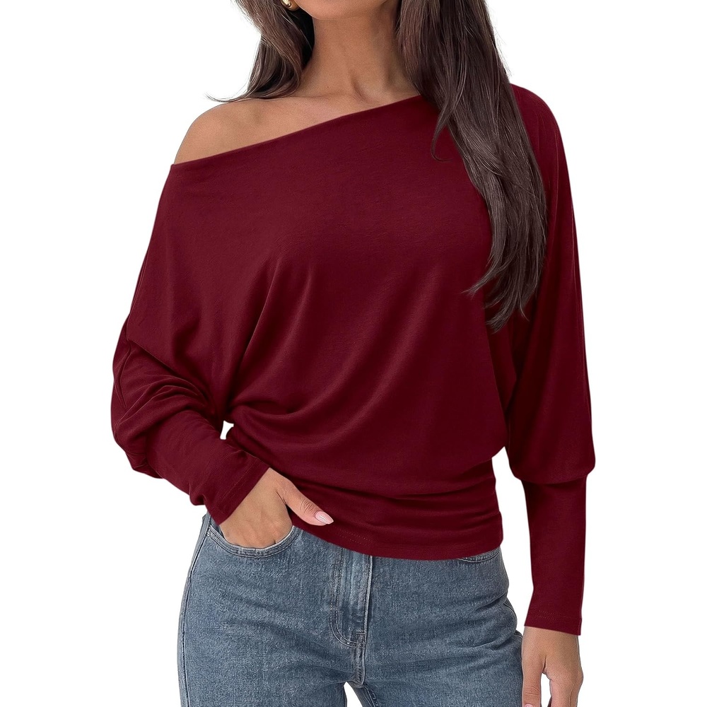 image:imagePRETTYGARDEN Womens Off Shoulder Batwing Long Sleeve Shirts Asymmetrical Off The Shoulder Cinched Waist Soft Dressy Casual Blouse Going Out Tops Transitional Fall amp Spring WearWine Red
