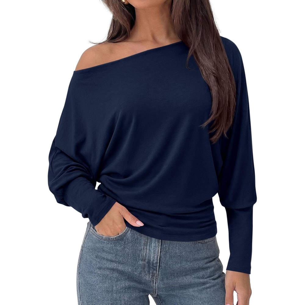image:imagePRETTYGARDEN Womens Off Shoulder Batwing Long Sleeve Shirts  Asymmetrical Off The Shoulder Cinched Waist Soft Dressy Casual Blouse Going Out Tops Transitional Fall amp Spring WearNavy