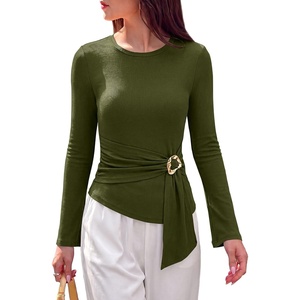 PRETTYGARDEN Long Sleeve Shirts for Women Asymmetricall Tops | Dressy Casual Blouses, Slim Fit Waist Tie Ruched Top, Soft ‌Stretchy, Going Out Work Office Outfit, 2026 Fall Fashion Clothes(Army Green)