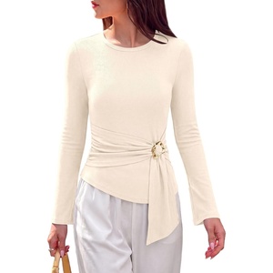 PRETTYGARDEN Long Sleeve Shirts for Women Asymmetricall Tops | Dressy Casual Blouses, Slim Fit Waist Tie Ruched Top, Soft ‌Stretchy, Going Out Work Office Outfit, 2026 Fall Fashion Clothes(Beige)