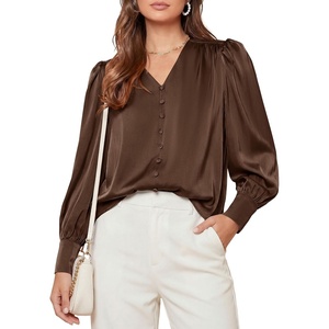 PRETTYGARDEN Satin Long Sleeve Womens Blouses Dressy Casual | Glossy Smooth Silk Fabric,Lantern Sleeve Fall Tops,Decorative Button Pullover,V Neck Shirts,Office Work Business Outfits(Brown)
