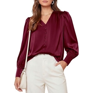 PRETTYGARDEN Satin Long Sleeve Womens Blouses Dressy Casual | Glossy Smooth Silk Fabric,Lantern Sleeve Fall Tops,Decorative Button Pullover,V Neck Shirts,Office Work Business Outfits(Wine Red)