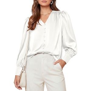 PRETTYGARDEN Satin Long Sleeve Womens Blouses Dressy Casual | Glossy Smooth Silk Fabric,Lantern Sleeve Fall Tops,Decorative Button Pullover,V Neck Shirts,Office Work Business Outfits(White)
