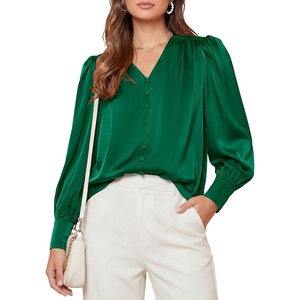 PRETTYGARDEN Satin Long Sleeve Womens Blouses Dressy Casual | Glossy Smooth Silk Fabric,Lantern Sleeve Fall Tops,Decorative Button Pullover,V Neck Shirts,Office Work Business Outfits(Green)