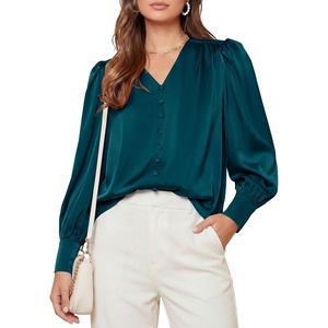 PRETTYGARDEN Satin Long Sleeve Womens Blouses Dressy Casual | Glossy Smooth Silk Fabric,Lantern Sleeve Fall Tops,Decorative Button Pullover,V Neck Shirts,Office Work Business Outfits(Dark Cyan)