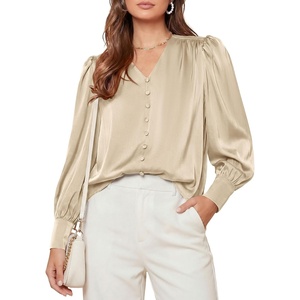 PRETTYGARDEN Satin Long Sleeve Womens Blouses Dressy Casual | Glossy Smooth Silk Fabric,Lantern Sleeve Fall Tops,Decorative Button Pullover,V Neck Shirts,Office Work Business Outfits(Beige)