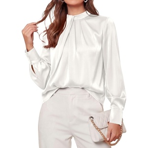 PRETTYGARDEN Satin Tops for Women Mock Neck Pleated Long Sleeve Shirts | Wrinkle Resistant Silky Blouses,Dressy Casual Fall Clothes,Versatile Business Casual Oufits,Fashion Clothing(White)