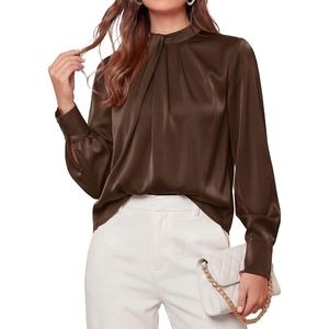 PRETTYGARDEN Satin Tops for Women Mock Neck Pleated Long Sleeve Shirts | Wrinkle Resistant Silky Blouses,Dressy Casual Fall Clothes,Versatile Business Casual Oufits,Fashion Clothing(Brown)
