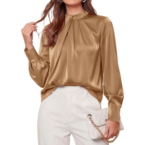 PRETTYGARDEN Satin Tops for Women Mock Neck Pleated Long Sleeve Shirts | Wrinkle Resistant Silky Blouses,Dressy Casual Fall Clothes,Versatile Business Casual Oufits,Fashion Clothing(Khaki)