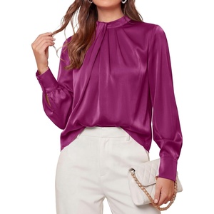 PRETTYGARDEN Satin Tops for Women Mock Neck Pleated Long Sleeve Shirts | Wrinkle Resistant Silky Blouses,Dressy Casual Fall Clothes,Versatile Business Casual Oufits,Fashion Clothing(Purple)
