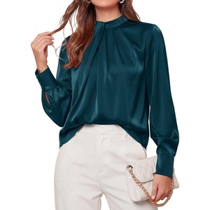 PRETTYGARDEN Satin Tops for Women Mock Neck Pleated Long Sleeve Shirts | Wrinkle Resistant Silky Blouses,Dressy Casual Fall Clothes,Versatile Business Casual Oufits,Fashion Clothing(Dark Cyan)