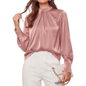 PRETTYGARDEN Satin Tops for Women Mock Neck Pleated Long Sleeve Shirts | Wrinkle Resistant Silky Blouses,Dressy Casual Fall Clothes,Versatile Business Casual Oufits,Fashion Clothing(Pink)