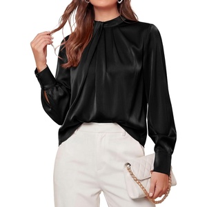 PRETTYGARDEN Satin Tops for Women Mock Neck Pleated Long Sleeve Shirts | Wrinkle Resistant Silky Blouses,Dressy Casual Fall Clothes,Versatile Business Casual Oufits,Fashion Clothing(Black)
