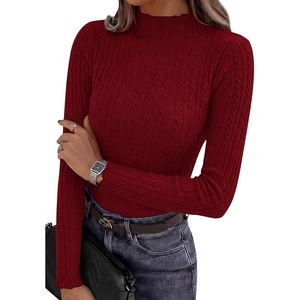 PRETTYGARDEN Women’s Fall Long Sleeve Fitted Shirts | Comfy Stretchy Cable Knit, Trendy Lettuce Trim Mock Neck, Casual Basic Tees, Cute Layering Tops, 2026 Fashion Clothing(Burgundy)
