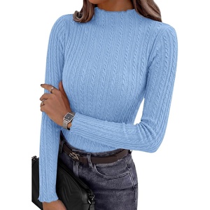 PRETTYGARDEN Women’s Fall Long Sleeve Fitted Shirts | Comfy Stretchy Cable Knit, Trendy Lettuce Trim Mock Neck, Casual Basic Tees, Cute Layering Tops, 2026 Fashion Clothing(Light Blue)