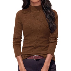 PRETTYGARDEN Women’s Fall Mock Neck Long Sleeve Shirts | Soft Stretchy Knit,Geometric Seam Stitching,Slim Fitted Basic Tees,Thermal Casual Wear,Daily Work Layering Winter Tunic Top(Brown)