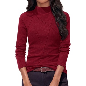 PRETTYGARDEN Women’s Fall Mock Neck Long Sleeve Shirts | Soft Stretchy Knit,Geometric Seam Stitching,Slim Fitted Basic Tees,Thermal Casual Wear,Daily Work Layering Winter Tunic Top(Wine Red)