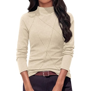 PRETTYGARDEN Women’s Fall Mock Neck Long Sleeve Shirts | Soft Stretchy Knit,Geometric Seam Stitching,Slim Fitted Basic Tees,Thermal Casual Wear,Daily Work Layering Winter Tunic Top(Beige)