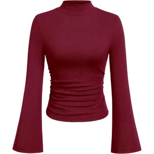 PRETTYGARDEN Womens Long Bell Sleeve Mock Neck Ribbed Tops | Soft Flare Sleeve Ruched Waist Slim Fit Shirts, Mock Turtleneck Blouses Dressy Casual, Fall Y2K Going Out & Work Clothes(Wine Red)