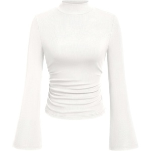 PRETTYGARDEN Womens Long Bell Sleeve Mock Neck Ribbed Tops | Soft Flare Sleeve Ruched Waist Slim Fit Shirts, Mock Turtleneck Blouses Dressy Casual, Fall Y2K Going Out & Work Clothes(White)