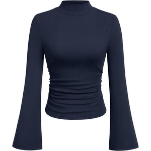 PRETTYGARDEN Womens Long Bell Sleeve Mock Neck Ribbed Tops | Soft Flare Sleeve Ruched Waist Slim Fit Shirts, Mock Turtleneck Blouses Dressy Casual, Fall Y2K Going Out & Work Clothes(Navy)
