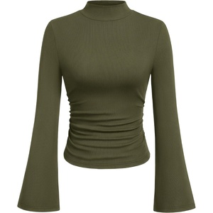 PRETTYGARDEN Womens Long Bell Sleeve Mock Neck Ribbed Tops | Soft Flare Sleeve Ruched Waist Slim Fit Shirts, Mock Turtleneck Blouses Dressy Casual, Fall Y2K Going Out & Work Clothes(Army Green)