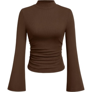 PRETTYGARDEN Womens Long Bell Sleeve Mock Neck Ribbed Tops | Soft Flare Sleeve Ruched Waist Slim Fit Shirts, Mock Turtleneck Blouses Dressy Casual, Fall Y2K Going Out & Work Clothes(Brown)