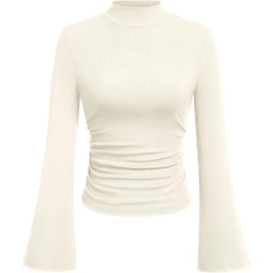 PRETTYGARDEN Womens Long Bell Sleeve Mock Neck Ribbed Tops | Soft Flare Sleeve Ruched Waist Slim Fit Shirts, Mock Turtleneck Blouses Dressy Casual, Fall Y2K Going Out & Work Clothes(Beige)