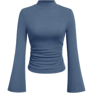 PRETTYGARDEN Womens Long Bell Sleeve Mock Neck Ribbed Tops | Soft Flare Sleeve Ruched Waist Slim Fit Shirts, Mock Turtleneck Blouses Dressy Casual, Fall Y2K Going Out & Work Clothes(Grey Blue)