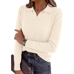 PRETTYGARDEN Womens Long Sleeve Collared Polo Sweater V Neck Knit Ribbed Business Casual Pullover Sweaters 2026 Fall Outfits(Apricot)