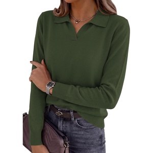 PRETTYGARDEN Womens Long Sleeve Collared Polo Sweater V Neck Knit Ribbed Business Casual Pullover Sweaters 2026 Fall Outfits(Army Green)