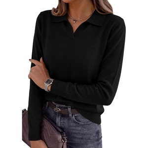 PRETTYGARDEN Womens Long Sleeve Collared Polo Sweater V Neck Knit Ribbed Business Casual Pullover Sweaters 2026 Fall Outfits(Black)