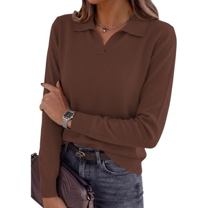 PRETTYGARDEN Womens Long Sleeve Collared Polo Sweater V Neck Knit Ribbed Business Casual Pullover Sweaters 2026 Fall Outfits(Brown)