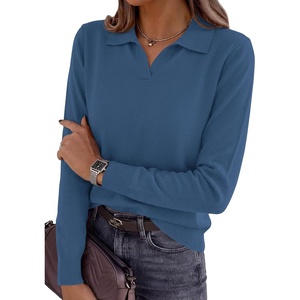 PRETTYGARDEN Womens Long Sleeve Collared Polo Sweater V Neck Knit Ribbed Business Casual Pullover Sweaters 2026 Fall Outfits(Navy Blue)
