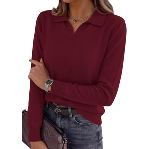 PRETTYGARDEN Womens Long Sleeve Collared Polo Sweater V Neck Knit Ribbed Business Casual Pullover Sweaters 2026 Fall Outfits(Wine Red)