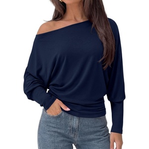 PRETTYGARDEN Womens Off Shoulder Batwing Long Sleeve Shirts | Asymmetrical Off The Shoulder Cinched Waist, Soft Dressy Casual Blouse, Going Out Tops, Transitional Fall & Spring Wear(Navy)