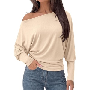 PRETTYGARDEN Womens Off Shoulder Batwing Long Sleeve Shirts | Asymmetrical Off The Shoulder Cinched Waist, Soft Dressy Casual Blouse, Going Out Tops, Transitional Fall & Spring Wear(Beige)