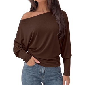 PRETTYGARDEN Womens Off Shoulder Batwing Long Sleeve Shirts | Asymmetrical Off The Shoulder Cinched Waist, Soft Dressy Casual Blouse, Going Out Tops, Transitional Fall & Spring Wear(Brown)