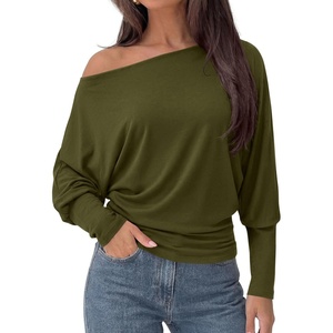 PRETTYGARDEN Womens Off Shoulder Batwing Long Sleeve Shirts | Asymmetrical Off The Shoulder Cinched Waist, Soft Dressy Casual Blouse, Going Out Tops, Transitional Fall & Spring Wear(Army Green)