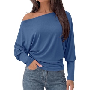 PRETTYGARDEN Womens Off Shoulder Batwing Long Sleeve Shirts | Asymmetrical Off The Shoulder Cinched Waist, Soft Dressy Casual Blouse, Going Out Tops, Transitional Fall & Spring Wear(Grey Blue)